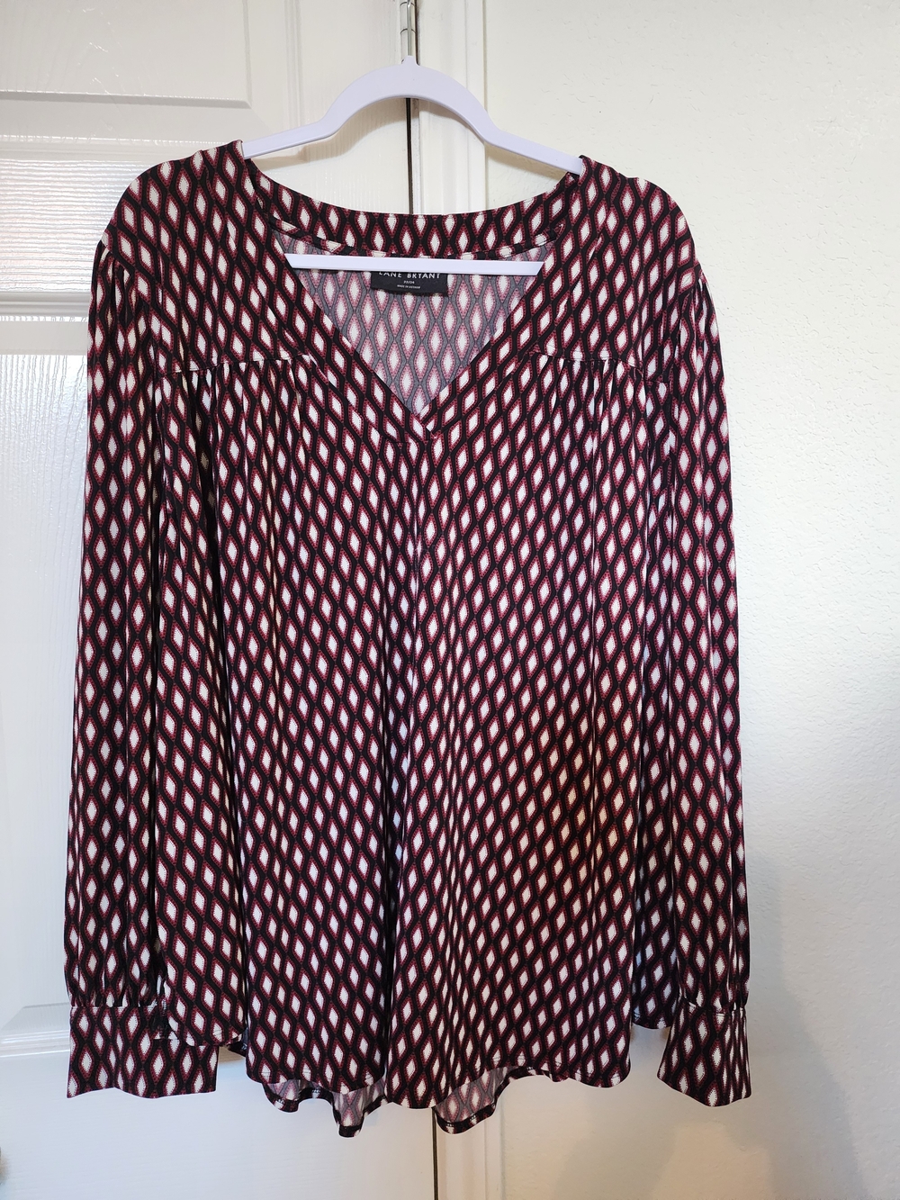 Lane Bryant Burgundy, White & Black Geometric V-Neck Blouse